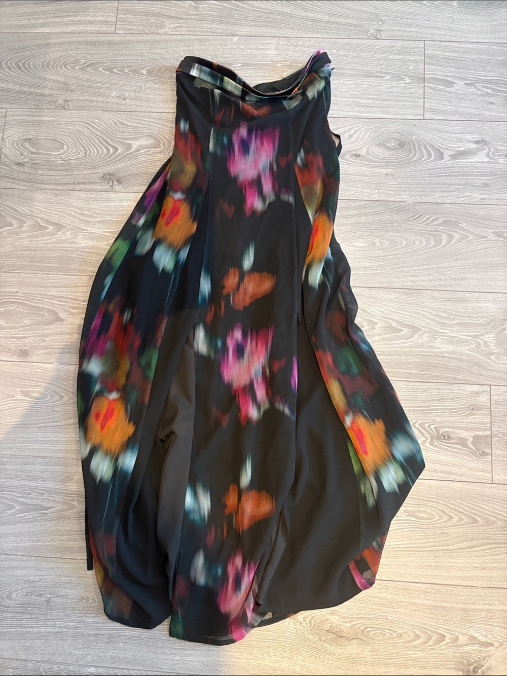Guess by Marciano Black Strapless Floral Gown with Pink & Orange Blooms